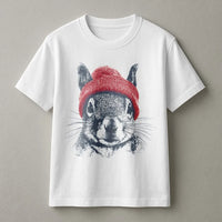 Squirrel T-Shirt | Cute Animal Wearing Red Beanie Illustration | 100% Premium Cotton Tee | Wildlife Lover Gift For Men And Women