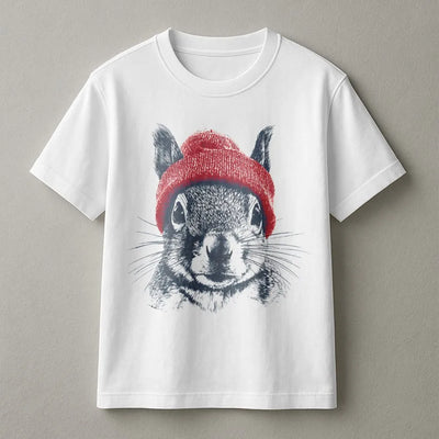 Squirrel T-Shirt | Cute Animal Wearing Red Beanie Illustration | 100% Premium Cotton Tee | Wildlife Lover Gift For Men And Women