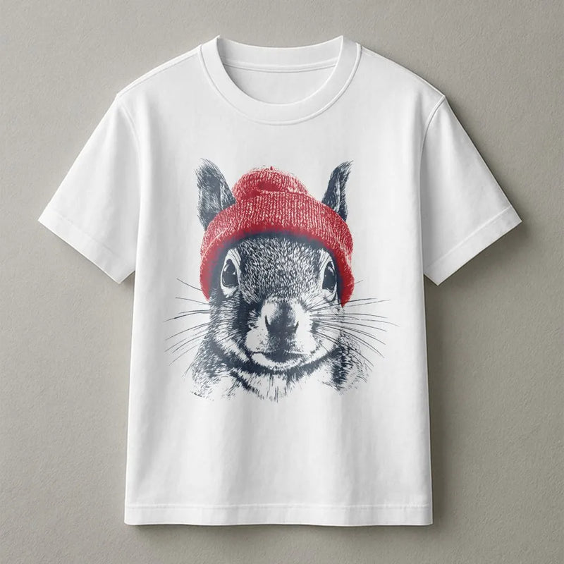 Squirrel T-Shirt | Cute Animal Wearing Red Beanie Illustration | 100% Premium Cotton Tee | Wildlife Lover Gift For Men And Women