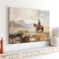 Western Cowboy Painting Canvas | Horseback Mountain Landscape Art | Premium Gallery Wrap Print | Rustic Home Decor Gift for Him