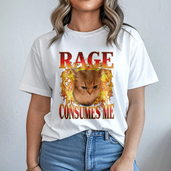 Angry Cat Graphic T-Shirt | Rage Consumes Me Flame Design | 100% Cotton Premium Unisex Tee | Funny Meme Gift for Cat Lovers