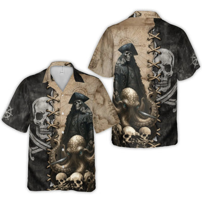 Pirate Captain Hawaiian Shirt | Skeleton Kraken Octopus Graphic | Premium Wrinkle-Resistant Woven Polyester | Unique Gift for Nautical Enthusiasts