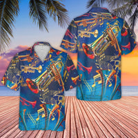 Trumpet Hawaiian Shirt | Colorful Musical Notes Graphic Print | Breathable Woven Polyester | Music Lover Gift for Musicians