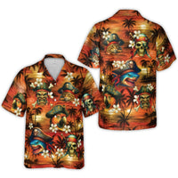 Pirate Hawaiian Shirt | Funny Cat Shark Parrot Tiki Mask Sunset Print | Wrinkle-Resistant Woven Polyester | Unique Beach Vacation Gift for Men