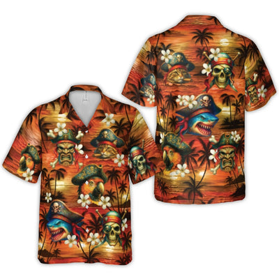Pirate Hawaiian Shirt | Funny Cat Shark Parrot Tiki Mask Sunset Print | Wrinkle-Resistant Woven Polyester | Unique Beach Vacation Gift for Men
