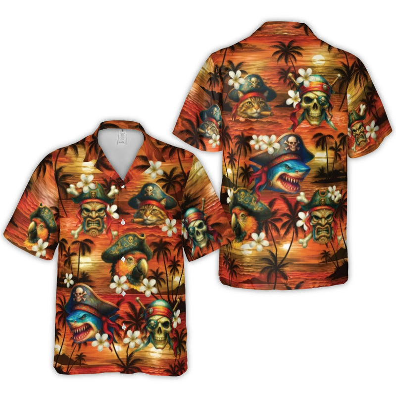 Pirate Hawaiian Shirt | Funny Cat Shark Parrot Tiki Mask Sunset Print | Wrinkle-Resistant Woven Polyester | Unique Beach Vacation Gift for Men