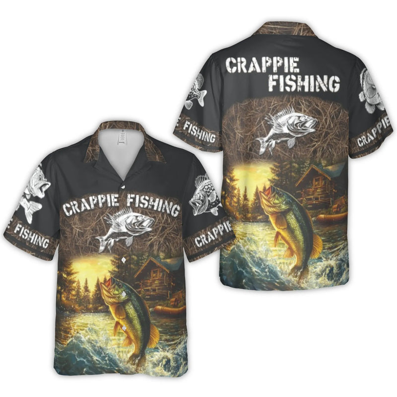 Crappie Fishing Hawaiian Shirt | Scenic Log Cabin & Lake Bass Graphic | Premium Wrinkle-Resistant Polyester | Perfect Gift for Fishermen & Outdoorsmen