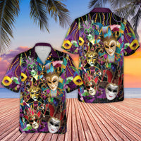 Mardi Gras Hawaiian Shirt | Venetian Mask Carnival Print | Lightweight Woven Polyester | Festival Party Outfit For Men And Women