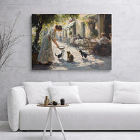 European Cafe Cat Painting | Impressionist Woman Feeding Kittens Art | Premium Gallery Wrap Canvas | Gift for Cat Lovers & Home Decor