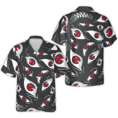 Demonic Eye Hawaiian Shirt | Spooky Red Eyes Graphic Print | Lightweight Woven Polyester | Unique Alternative Style Gift for Men and Women