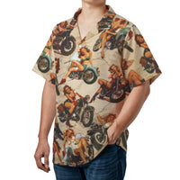 Vintage Biker Pin-Up Hawaiian Shirt | Retro Motorcycle Graphic Print | Durable Woven Polyester | Fun Gift for Motorcycle Enthusiasts