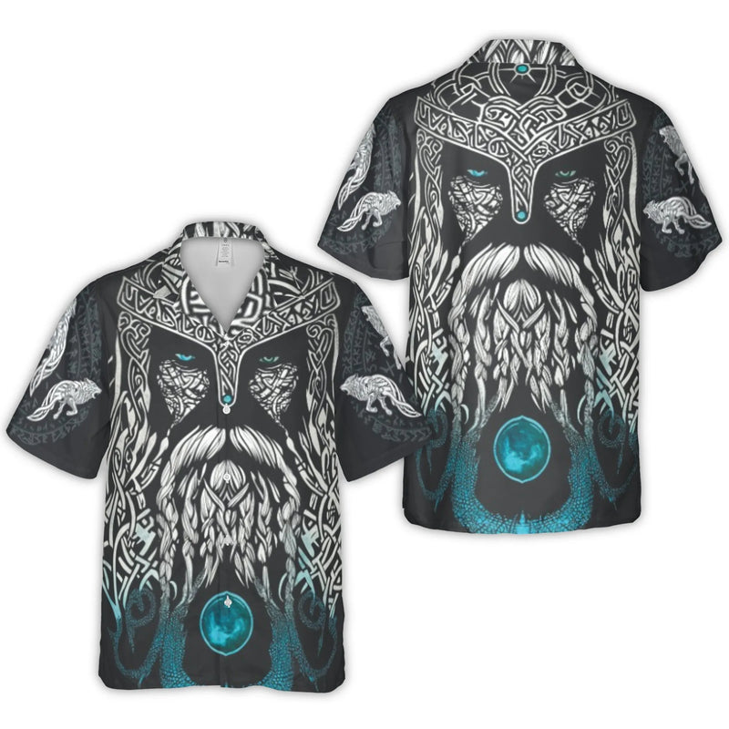 Viking Odin Hawaiian Shirt | Norse Mythology Wolf Celtic Knot Graphic | Breathable Polyester Cuban Collar | Gift for Viking Enthusiasts and Mythology Fans