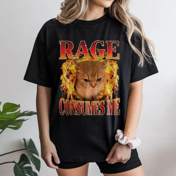 Angry Cat Graphic T-Shirt | Rage Consumes Me Flame Design | 100% Cotton Premium Unisex Tee | Funny Meme Gift for Cat Lovers