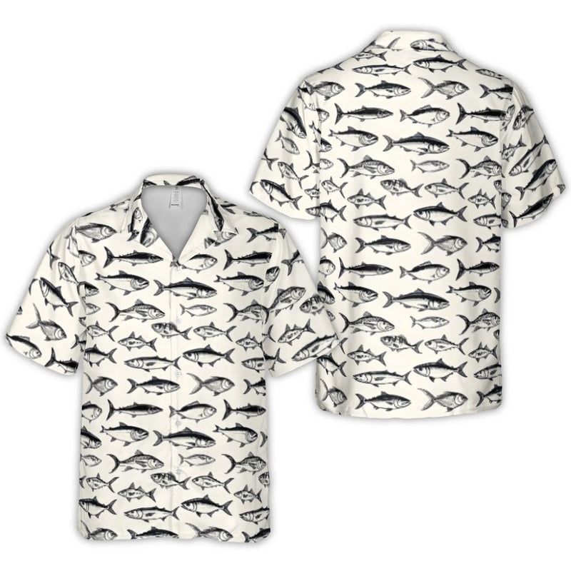 Fish Print Hawaiian Shirt | Vintage Fishing Illustration Pattern | Lightweight Woven Polyester | Unique Gift for Fisherman and Anglers