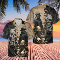 Pirate Captain Hawaiian Shirt | Skeleton Kraken Octopus Graphic | Premium Wrinkle-Resistant Woven Polyester | Unique Gift for Nautical Enthusiasts