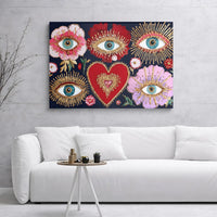 Bohemian Evil Eye Wall Art | Sacred Heart Gold Foil Accent Print | Premium 1.25 Inch Gallery Wrap Canvas | Spiritual Home Decor Gift