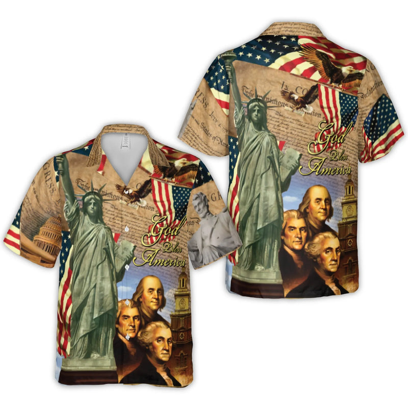 God Bless America Hawaiian Shirt | Founding Fathers Patriotic Print | Lightweight Woven Polyester | July 4th Apparel for Men