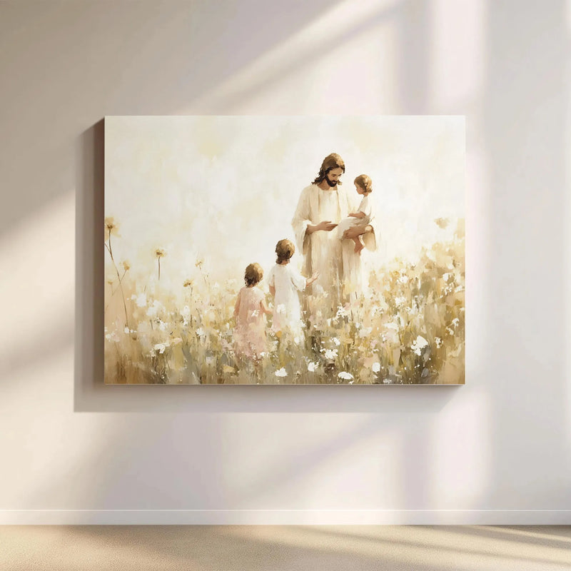 Jesus With Children Canvas Wall Art | Watercolor Religious Painting | Premium Gallery Wrap Print | Christian Home Decor Gift