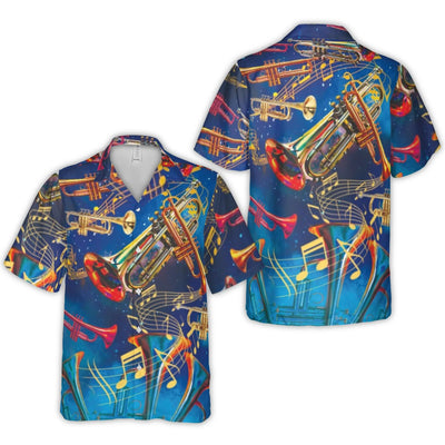 Trumpet Hawaiian Shirt | Colorful Musical Notes Graphic Print | Breathable Woven Polyester | Music Lover Gift for Musicians