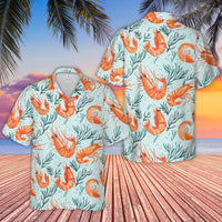 Shrimp Print Hawaiian Shirt | Tropical Seafood Beach Button Down | Lightweight Woven Polyester | Fun Summer Vacation Gift for Men
