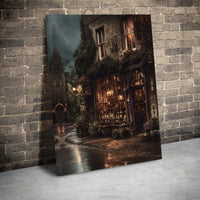 Magical Bookshop Canvas Wall Art | Rainy Old-World Street Scene | Premium Gallery Wrap Print | Whimsical Home Decor Gift