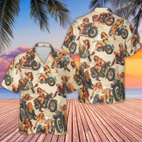 Vintage Biker Pin-Up Hawaiian Shirt | Retro Motorcycle Graphic Print | Durable Woven Polyester | Fun Gift for Motorcycle Enthusiasts