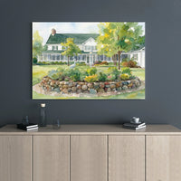 Watercolor House Canvas Print | Charming Garden Cottage Wall Art | Gallery Wrapped Premium Canvas | Coastal Cottage Decor For Living Room