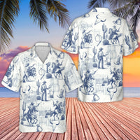 Wild West Cowboy Toile Hawaiian Shirt | Vintage Western Ranch Design | Breathable Woven Polyester | Unique Gift for Him