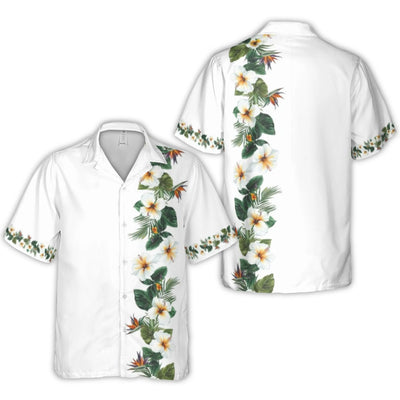 Tropical Hawaiian Shirt | White Hibiscus and Bird of Paradise Floral Print | Lightweight Woven Polyester | Vacation Beach Summer Wear for Men