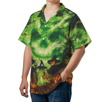 Halloween Hawaiian Shirt | Spooky Green Skull & Jack O' Lantern Print | Breathable Woven Polyester | Fun Men's Gift for October Holiday Parties
