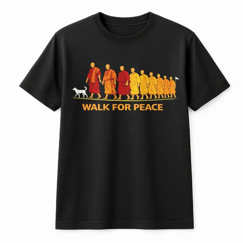 Walk For Peace T-Shirt | Buddhist Monk Dog Graphic Tee | Premium 100% Cotton Apparel | Inspirational Spiritual Gift for Yoga Lovers