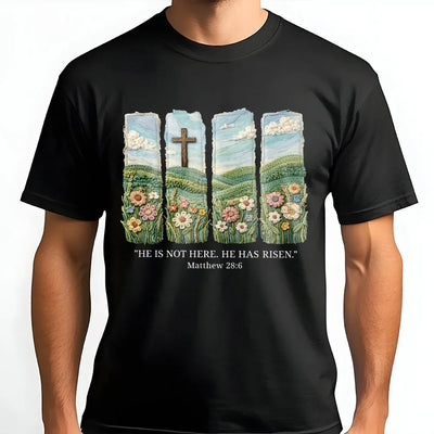 He Is Risen T-Shirt | Matthew 28:6 Floral Cross Embroidery Style Graphic | 100% Cotton Premium Tee | Easter Sunday Religious Gift for Christians