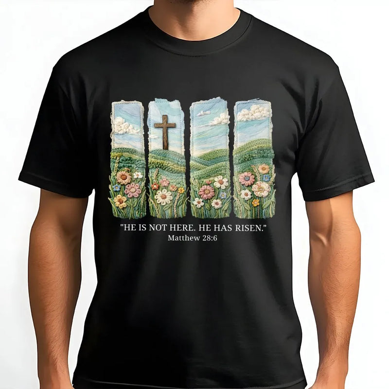 He Is Risen T-Shirt | Matthew 28:6 Floral Cross Embroidery Style Graphic | 100% Cotton Premium Tee | Easter Sunday Religious Gift for Christians