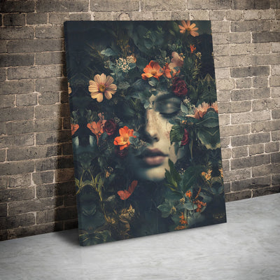 Moody Floral Woman Portrait Canvas | Dark Botanical Fine Art Print | Premium Gallery Wrap Wall Decor | Dreamy Nature Aesthetic Gift