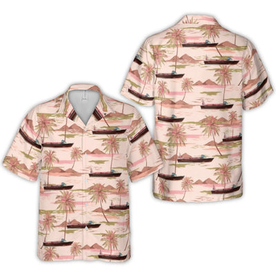 Vintage Motorboat Hawaiian Shirt | Palm Tree Tropical Print | Lightweight Moisture-Wicking Polyester | Summer Vacation Beach Outfit Gift