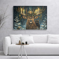 Christmas Stag Canvas Print | Whimsical Deer With Candles And Black Cat | Premium Gallery Wrapped Wall Art | Festive Winter Home Decor Gift