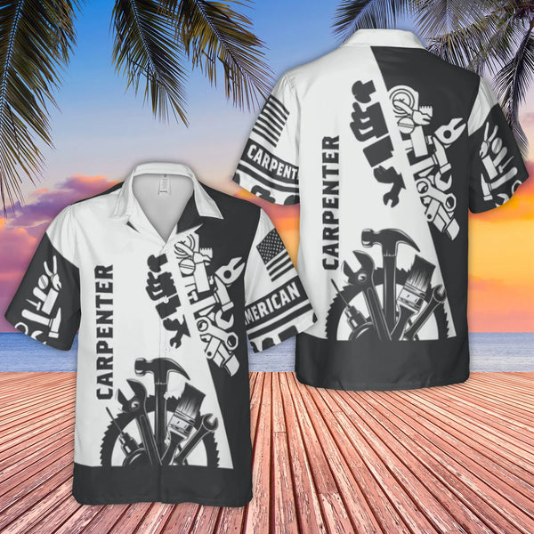 American Carpenter Hawaiian Shirt | Tool Print Graphic Button Down | Lightweight Polyester | Gift for Handyman Tradesman