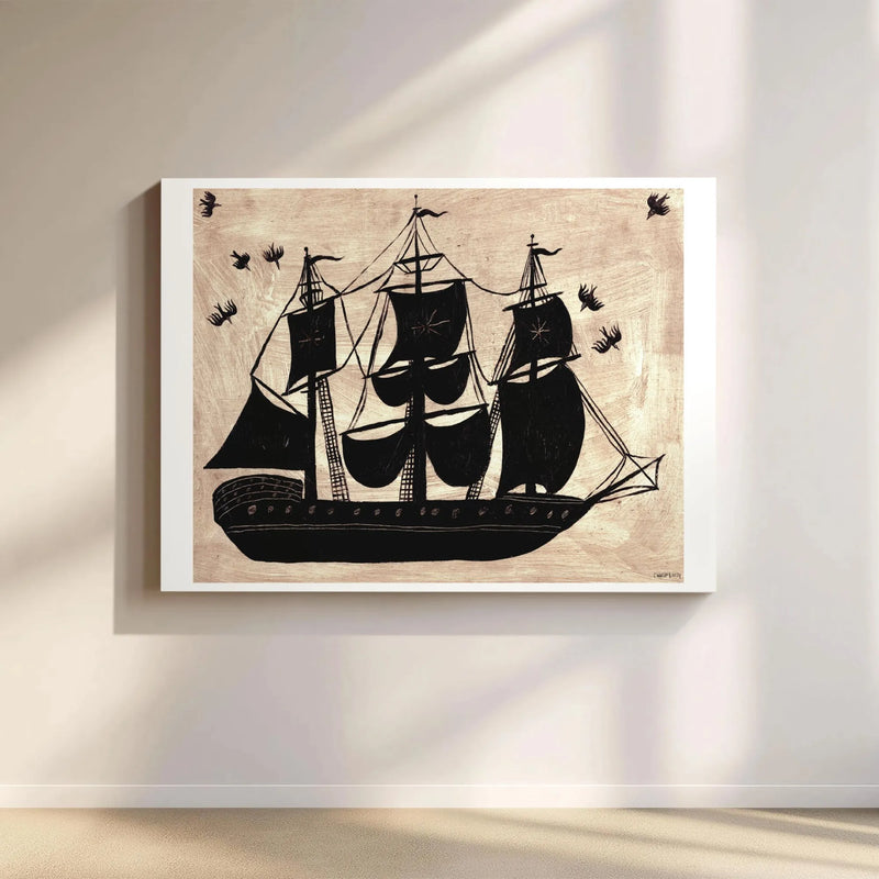 Sailing Ship Canvas Wall Art | Woodcut Style Nautical Decor | Premium 1.25 Inch Gallery Wrap | Ready To Hang Office Or Home Gift