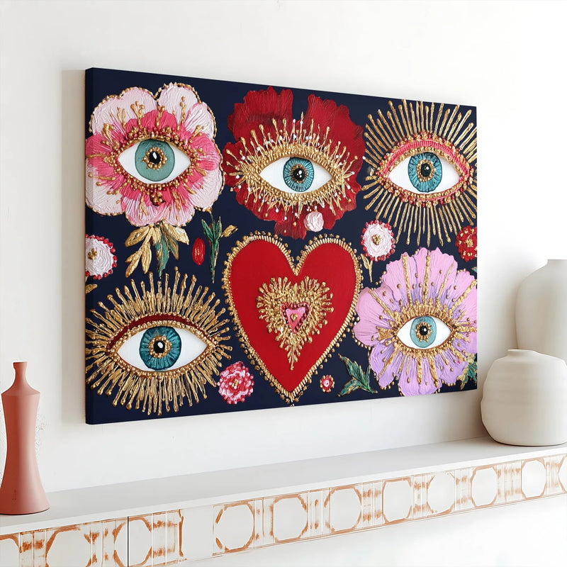 Bohemian Evil Eye Wall Art | Sacred Heart Gold Foil Accent Print | Premium 1.25 Inch Gallery Wrap Canvas | Spiritual Home Decor Gift
