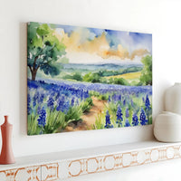 Bluebonnet Flower Field Canvas Print | Watercolor Texas Landscape Art | 1.25” Gallery Wrap | Premium Nature Wall Decor for Home Office