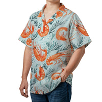 Shrimp Print Hawaiian Shirt | Tropical Seafood Beach Button Down | Lightweight Woven Polyester | Fun Summer Vacation Gift for Men