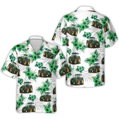 Tractor Hawaiian Shirt | Tropical Floral Farm Equipment Print | Lightweight Woven Polyester | Unique Farmer Gift for Men