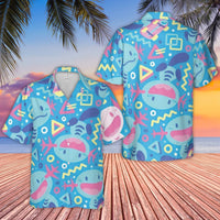 Retro 90s Gaming Pattern Hawaiian Shirt | Vibrant Blue Axolotl Character Print | Lightweight Breathable Polyester | Fun Summer Gift for Gamers