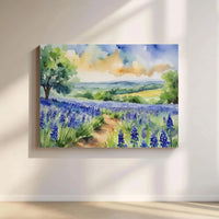 Watercolor Bluebonnet Landscape Canvas | Floral Meadow Art Print | 1.25 Inch Gallery Wrap | Nature-Inspired Home Decor Gift