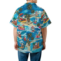 Surfing Santa Hawaiian Shirt | Tropical Christmas Beach Print | Lightweight Woven Polyester | Fun Holiday Gift For Men