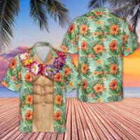 Fake Six-Pack Abs Hawaiian Shirt | Tropical Hibiscus Lei Print | Premium Wrinkle-Resistant Polyester | Funny Summer Vacation Gift For Men
