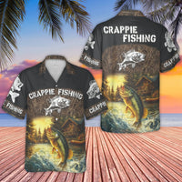 Crappie Fishing Hawaiian Shirt | Scenic Log Cabin & Lake Bass Graphic | Premium Wrinkle-Resistant Polyester | Perfect Gift for Fishermen & Outdoorsmen
