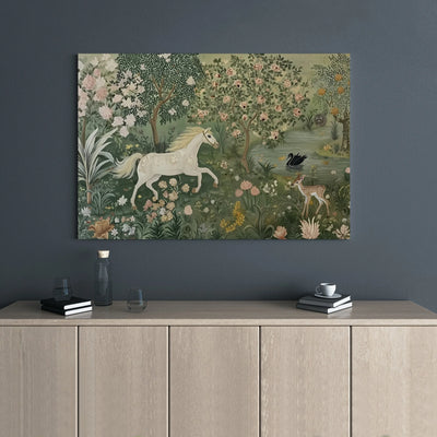Enchanted Forest Canvas Wall Art | Whimsical Horse and Fawn Landscape | Premium 1.25-Inch Gallery Wrap | Magical Woodland Decor for Home
