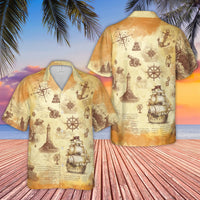 Pirate Treasure Map Hawaiian Shirt | Vintage Nautical Print Ship & Compass Design | Breathable Polyester Fabric | Unique Summer Gift for Men