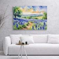 Watercolor Bluebonnet Landscape Canvas | Floral Meadow Art Print | 1.25 Inch Gallery Wrap | Nature-Inspired Home Decor Gift